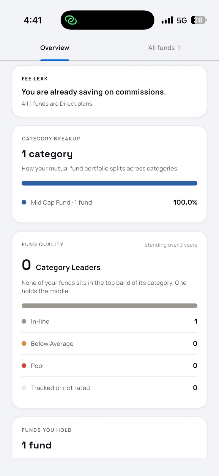 Genvest mutual fund overview showing a Direct-plan fee check, category allocation and fund-quality breakdown