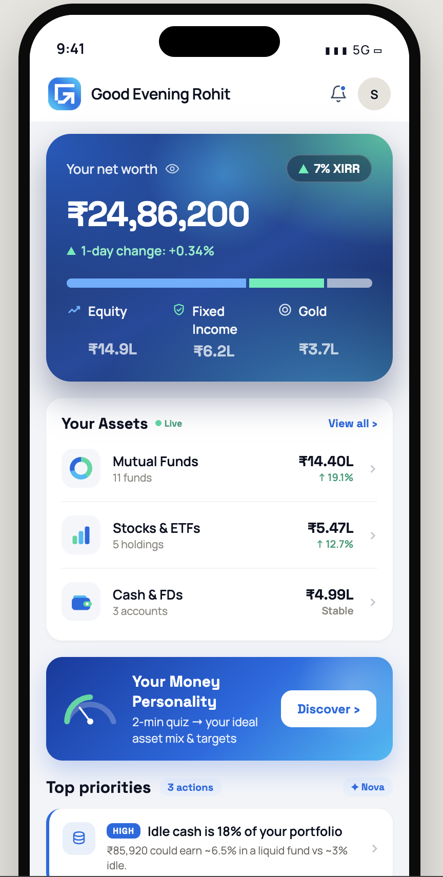 Genvest app home screen showing net worth, investment allocation, mutual funds, stocks, ETFs, cash, and fixed deposits